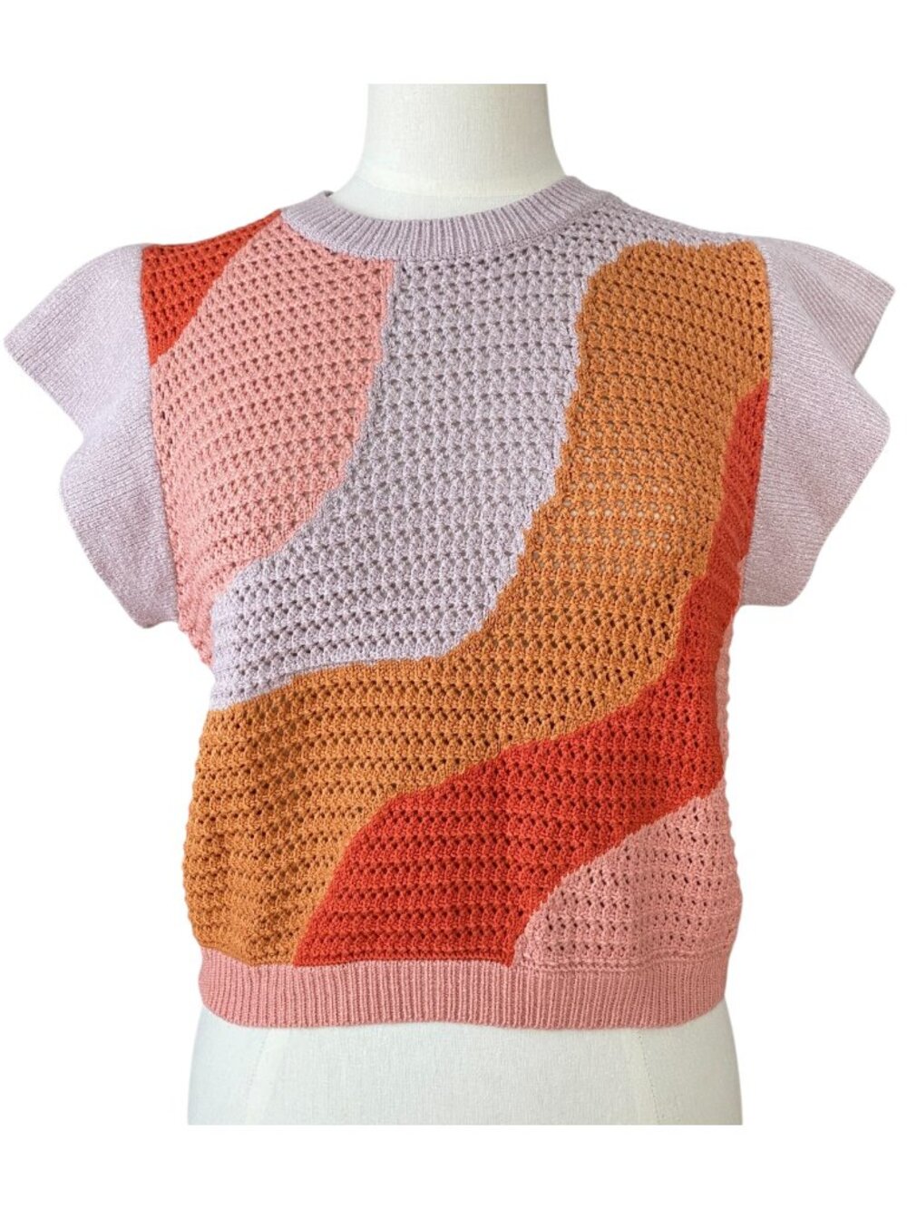 THML Crochet Wave Knit Sweater Pink Orange Short Sleeve Coastal Boho Retro-S